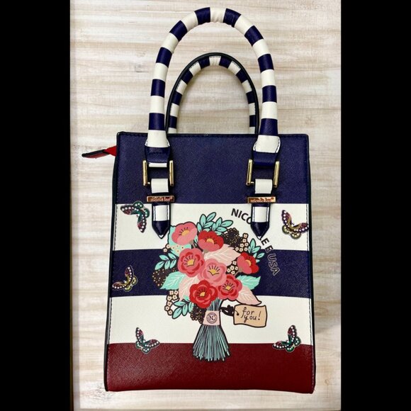Nicole Lee Handbag "Judith Loves Flowers" Glasses & Stripes Red White Blue RARE - Picture 2 of 12